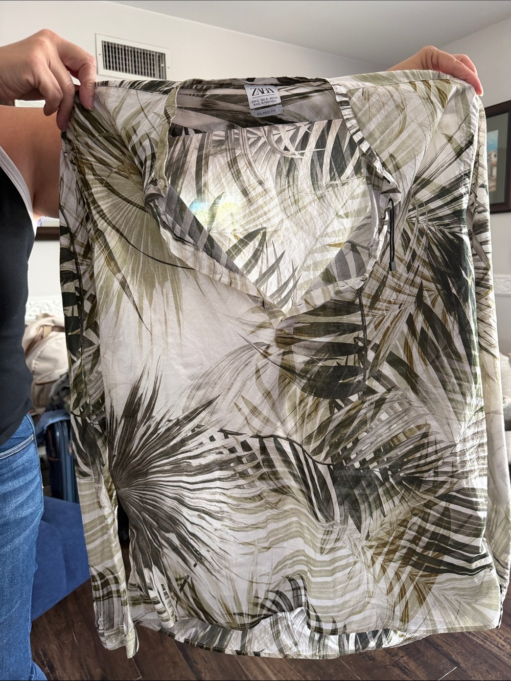 ZARA Olive & White Botanical Print Long Sleeve Shirt